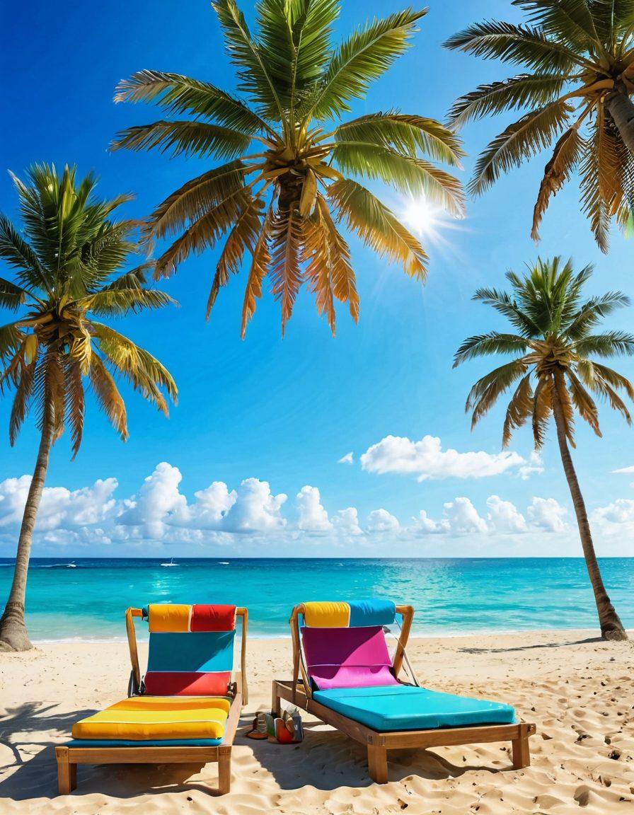 A stylish beach scene featuring a vibrant array of chic bikinis and resort wear displayed on a sun-kissed sandy beach. Include sun loungers, palm trees, and a refreshing drink nearby, capturing the essence of summer getaway vibes. Models of diverse body types should showcase the bikinis, radiating confidence and joy. The sky is clear with a bright sun reflecting on the water. colorful and bright. 3D.