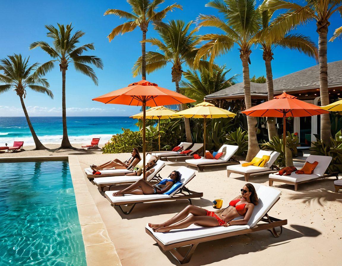A stylish beach scene featuring a diverse group of fashionable individuals wearing chic beachwear, lounging by a luxurious pool that flows into the ocean. Sunlight glistens off the water, while colorful beach umbrellas and palm trees sway in the background. A relaxing atmosphere with beach accessories such as sunglasses and hats scattered around. The scene captures both elegance and fun, embodying the ultimate vacation vibe. vibrant colors. super-realistic.